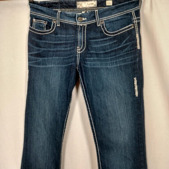 BKE Denim Payton Jeans Women 32L Dark Wash Blue Pants Whiskered White Stitching - Picture 8 of 16